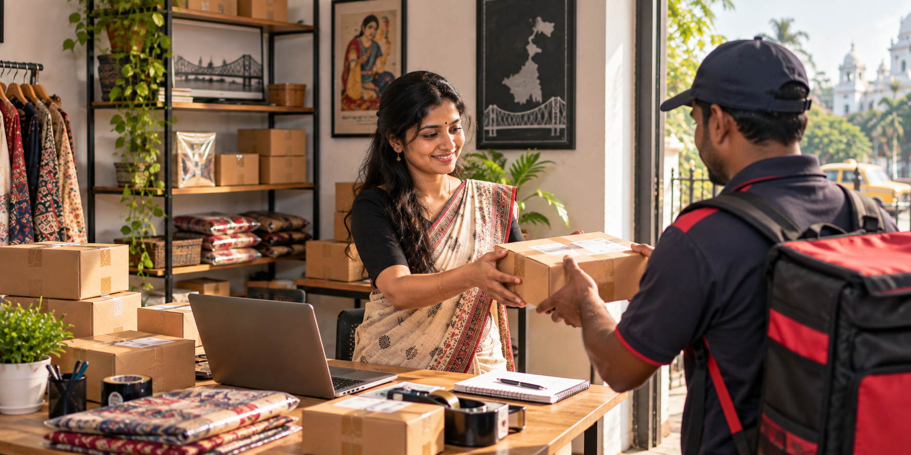 একজন seller তাঁর store থেকে একটি COD parcel delivery agent-এর হাতে তুলে দিচ্ছেন।