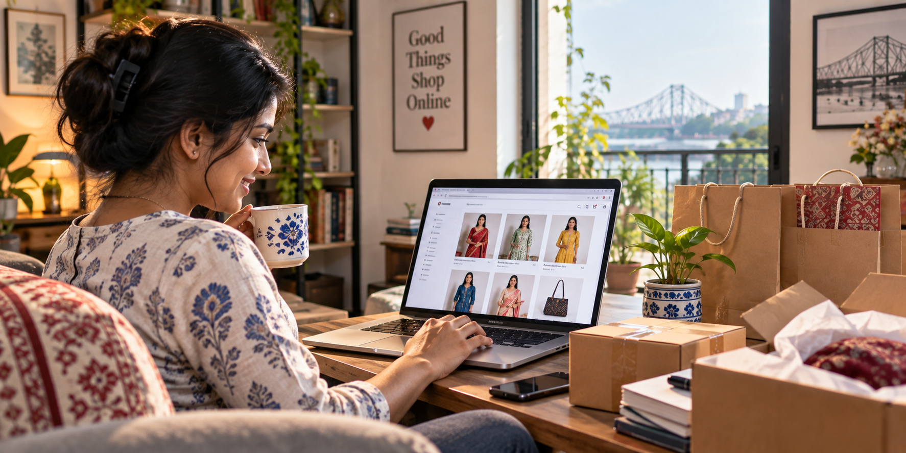 একজন customer বাড়িতে বসে laptop-এ একটি online store থেকে কেনাকাটা করছেন।