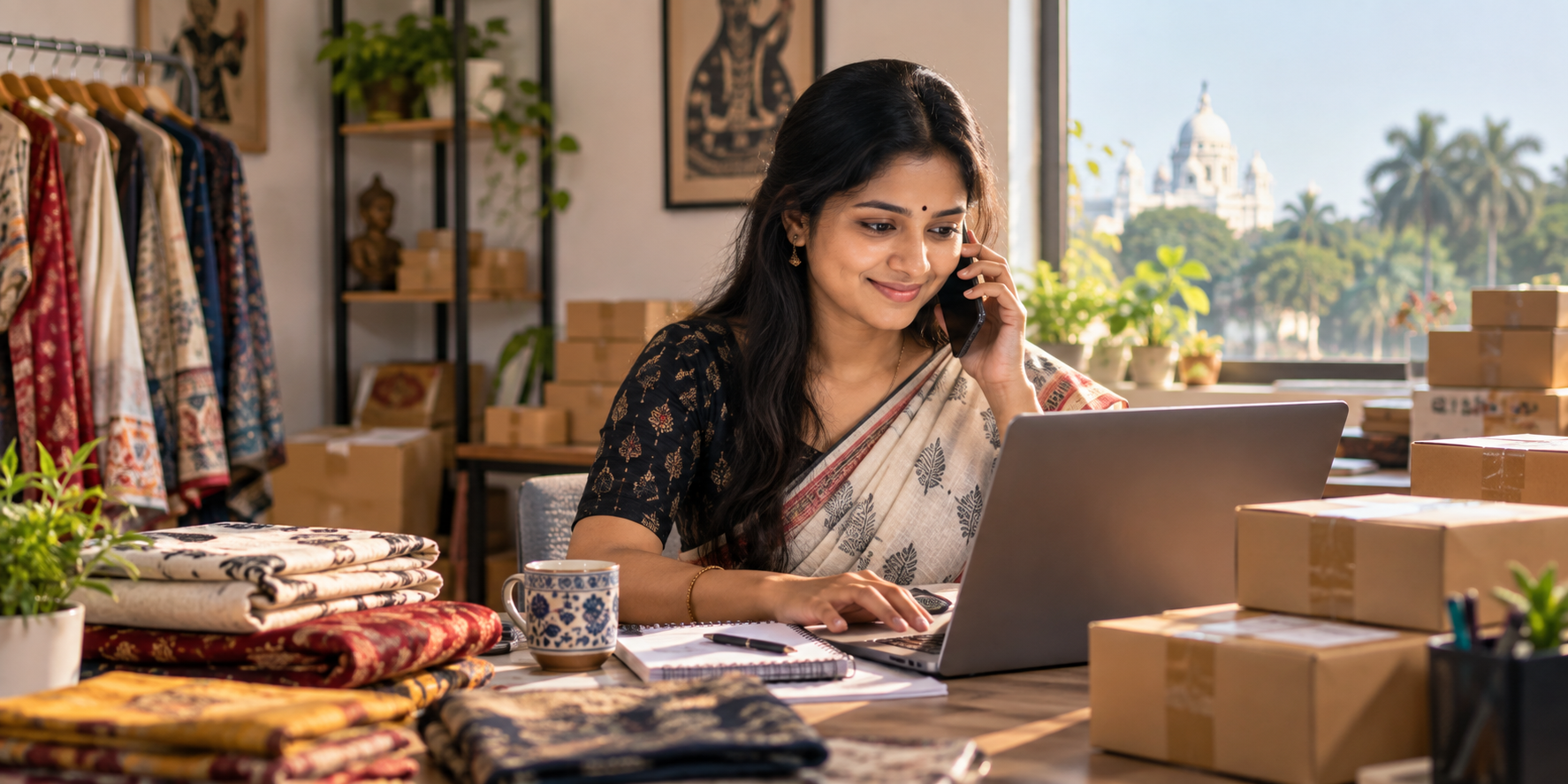 নিজের online store সামলাচ্ছেন একজন পশ্চিমবঙ্গের seller — laptop-এ কাজ, পাশে packing-এর জন্য তৈরি order।